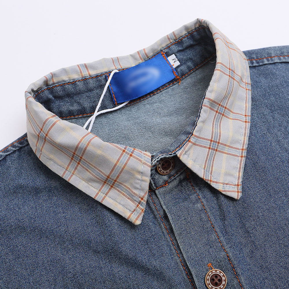Playful Water-Washed Denim Shirt with Irregular Embroidery