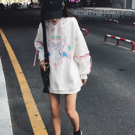 Playful White Hooded Hoodie for Women