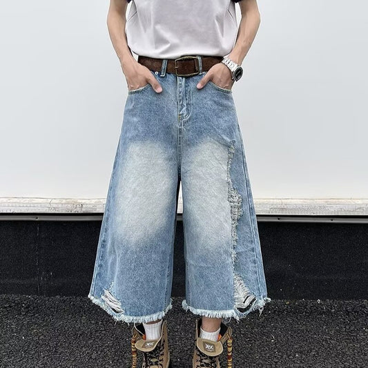 Ripped Denim Cropped Wide Leg Pants