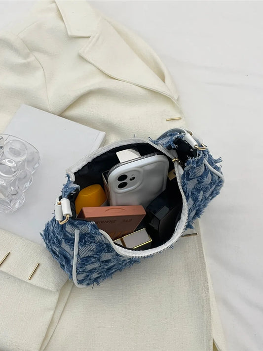 Checkered Raw Hem Denim Shoulder Bag
