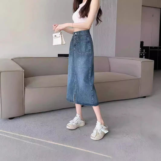 High-Waisted Front Slit Denim Skirt - Versatile A-Line Midi Skirt for Women, Slimming Fit