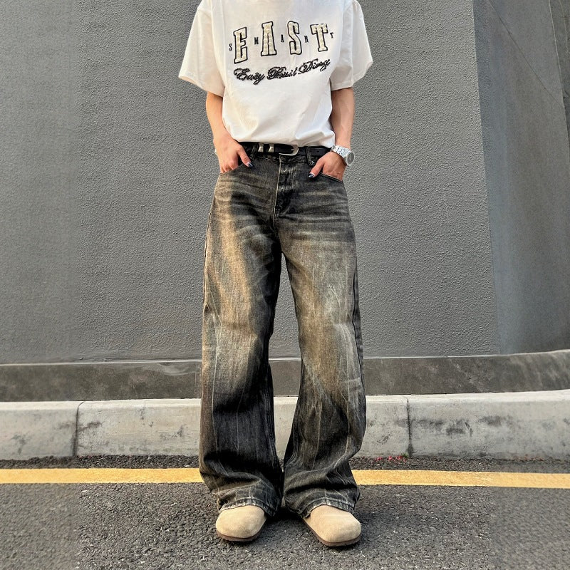 Harajuku-Style Washed Retro Distressed Wide Leg Denim Pants
