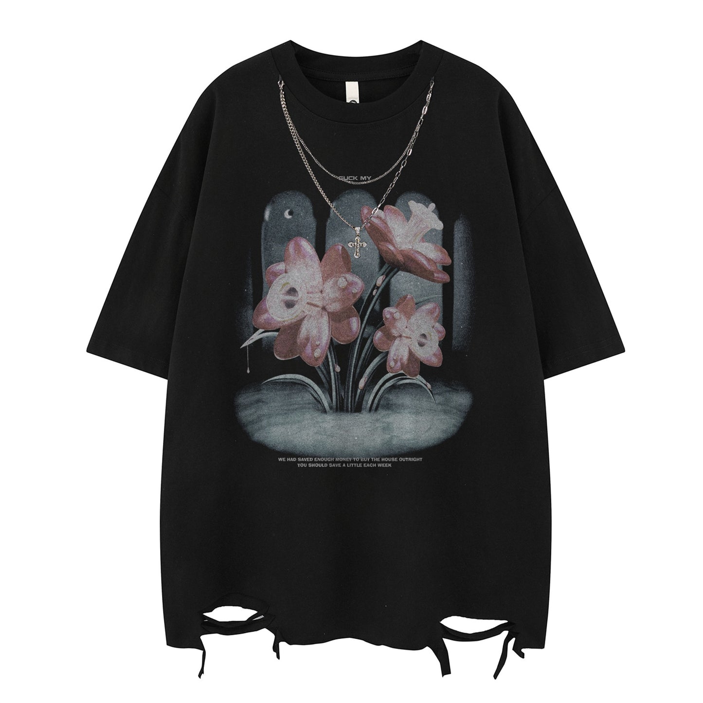 Retro Floral Print Ripped Short Sleeve Tee for Men