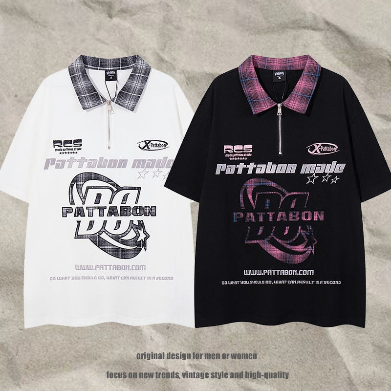 Polo Collar Top Street Letter Loose Couple Short Sleeve T-Shirt for Men and Women