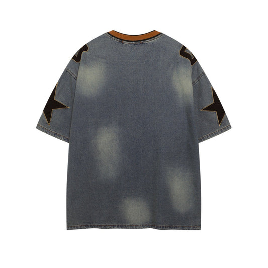 Vintage Blue Patchwork Embroidery V-Neck T-Shirt