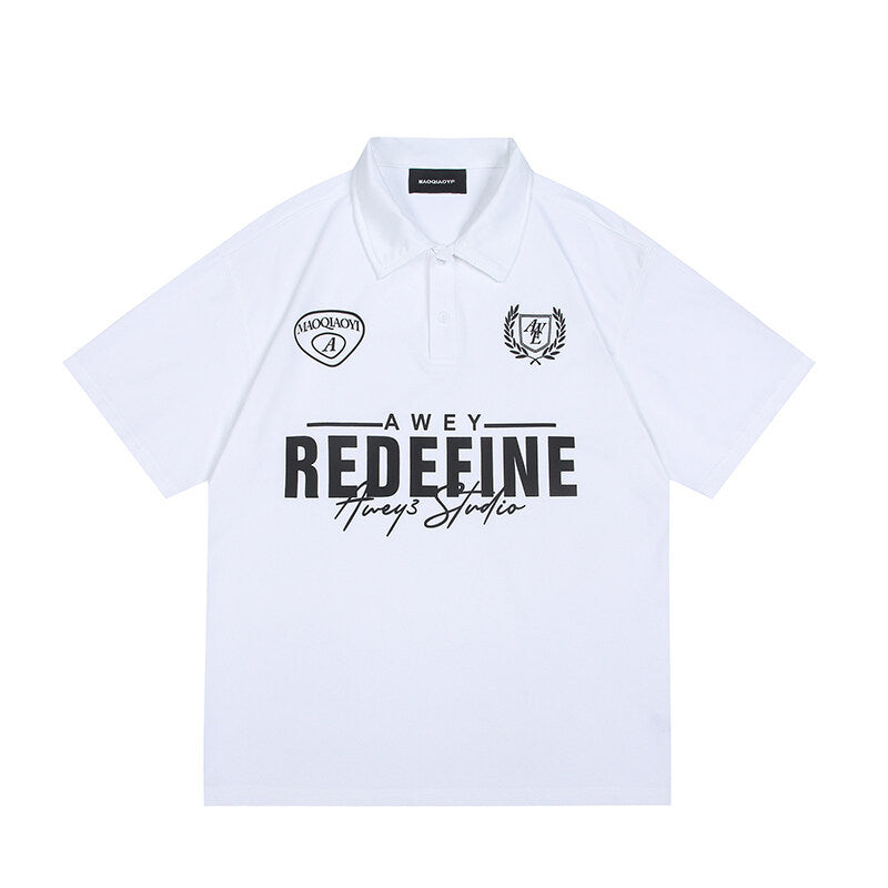 Harajuku Style Letter Printed Loose Fit Polo Shirt for Men