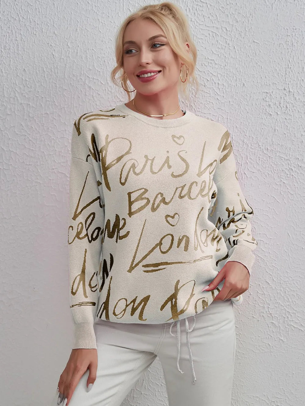Drawstring Hem Letter Pattern Sweater