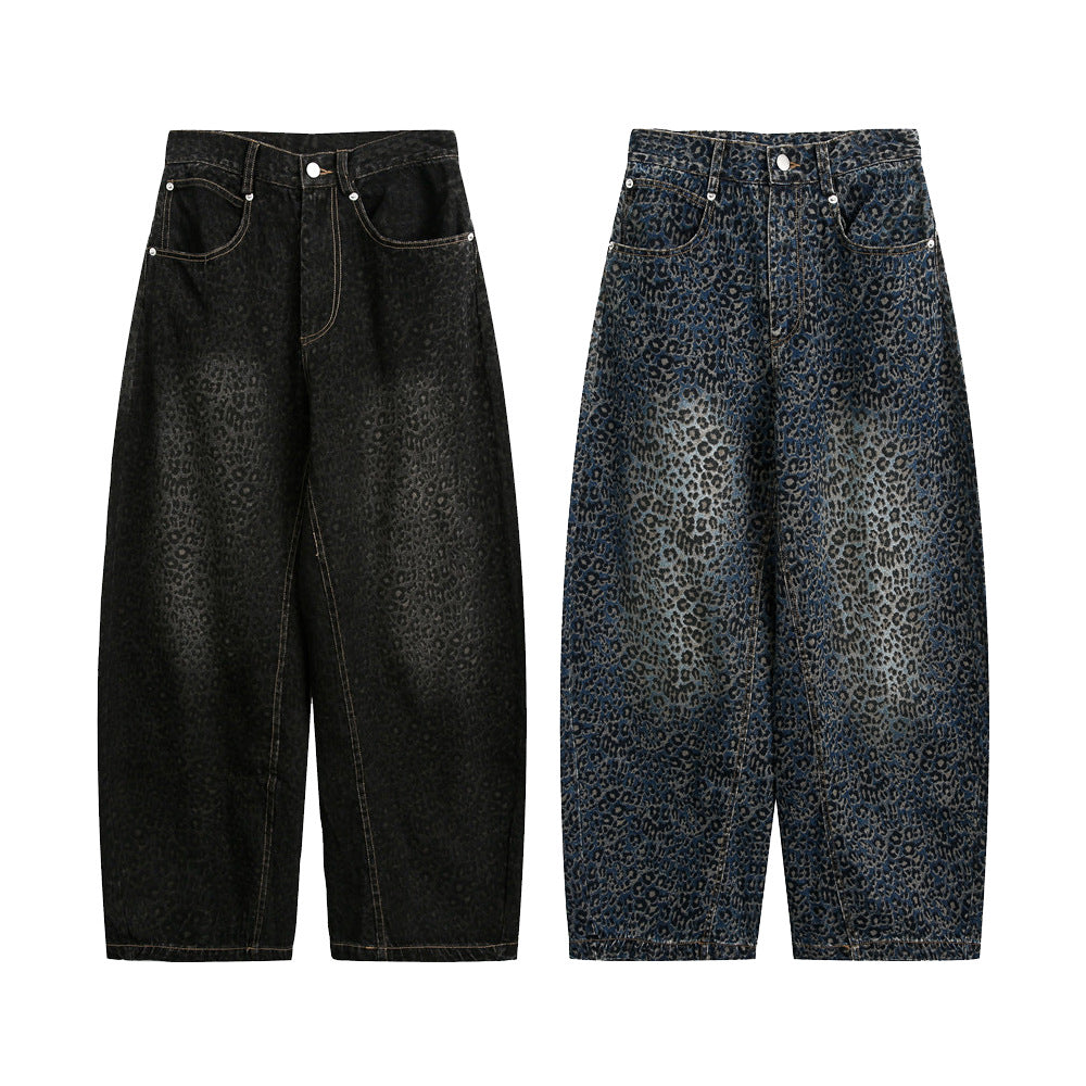 Retro Leopard Print Wide Leg Jeans for Men