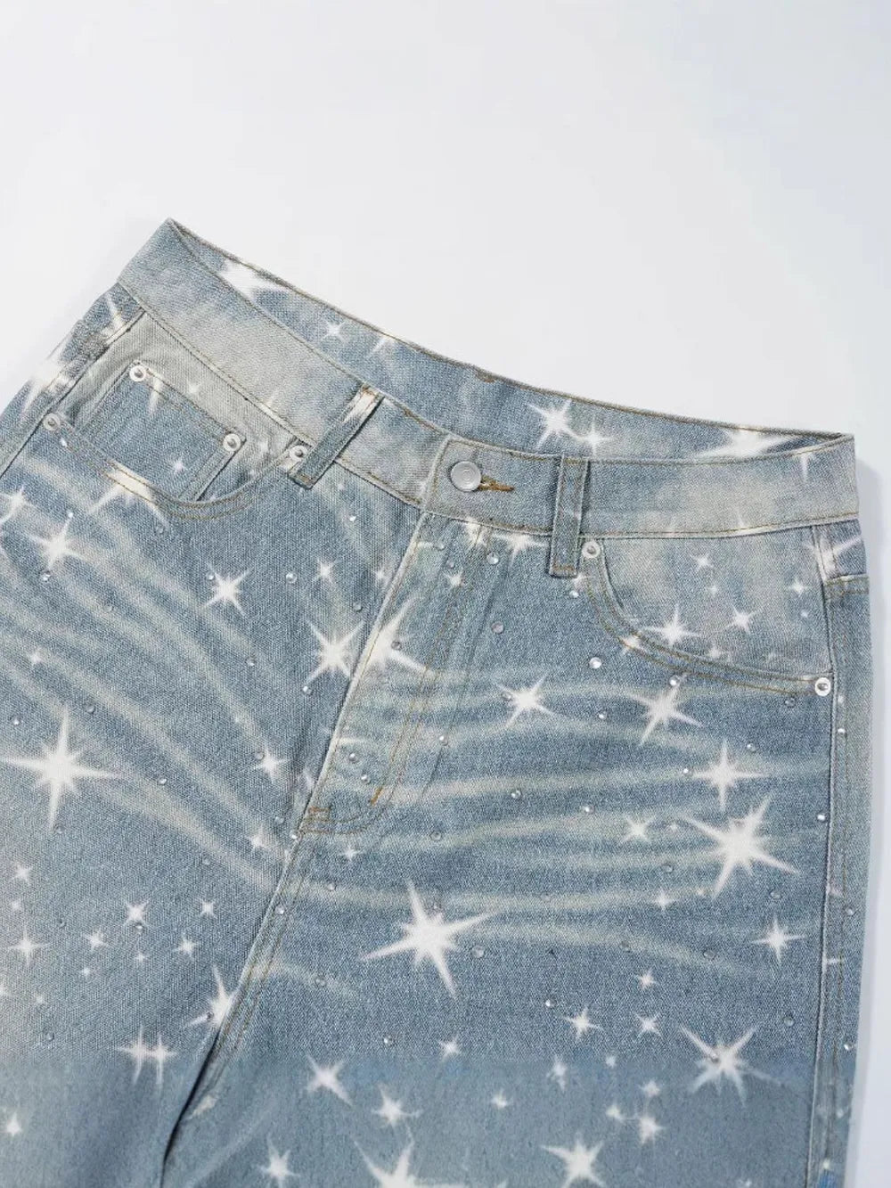Washed Rhinestone Star Print Jeans - Harajuku Style