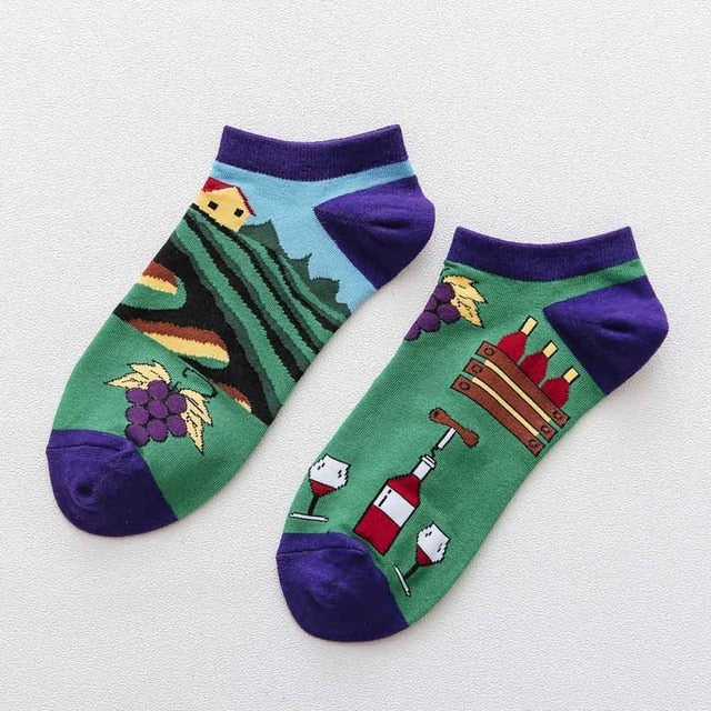 Playful Harajuku Men's Cotton Ankle Socks - Funny Animal & Fruit Designs