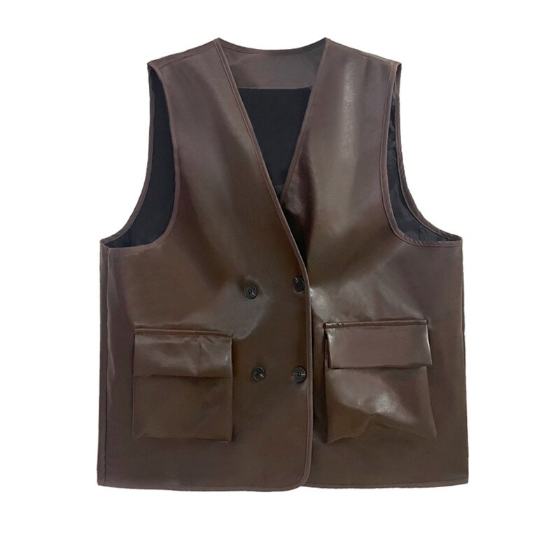 Coffee Color PU Leather Vest - Women Loose Fit V-Collar