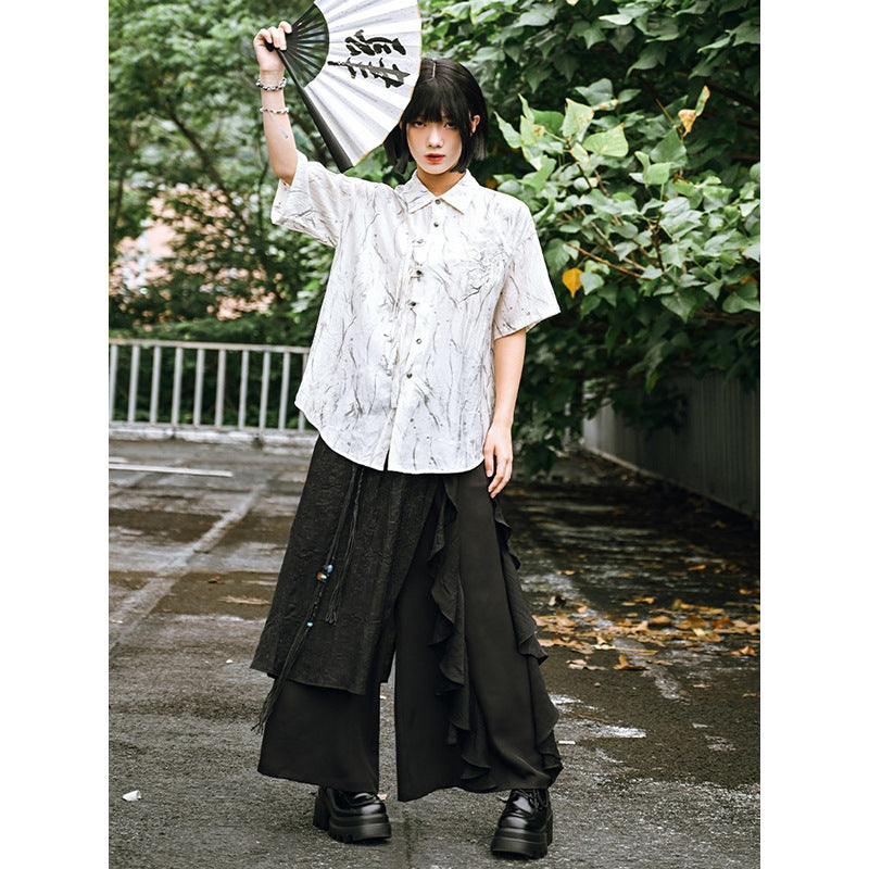 Black Slimming Splicing Double-Layer Wide Leg Suit Skirt for Women