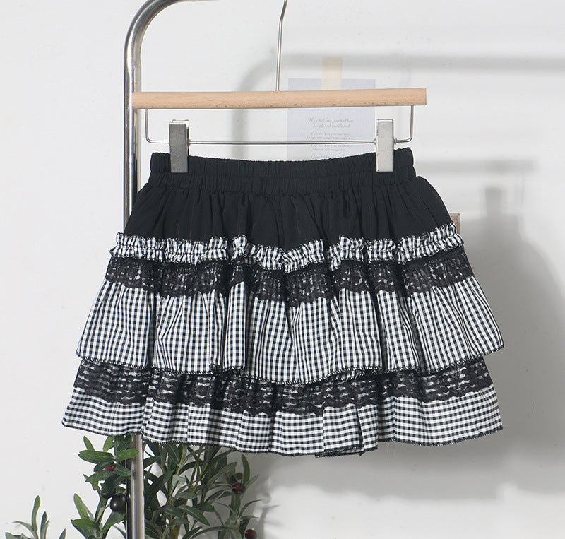 Lace Patchwork Plaid Skirt for Women