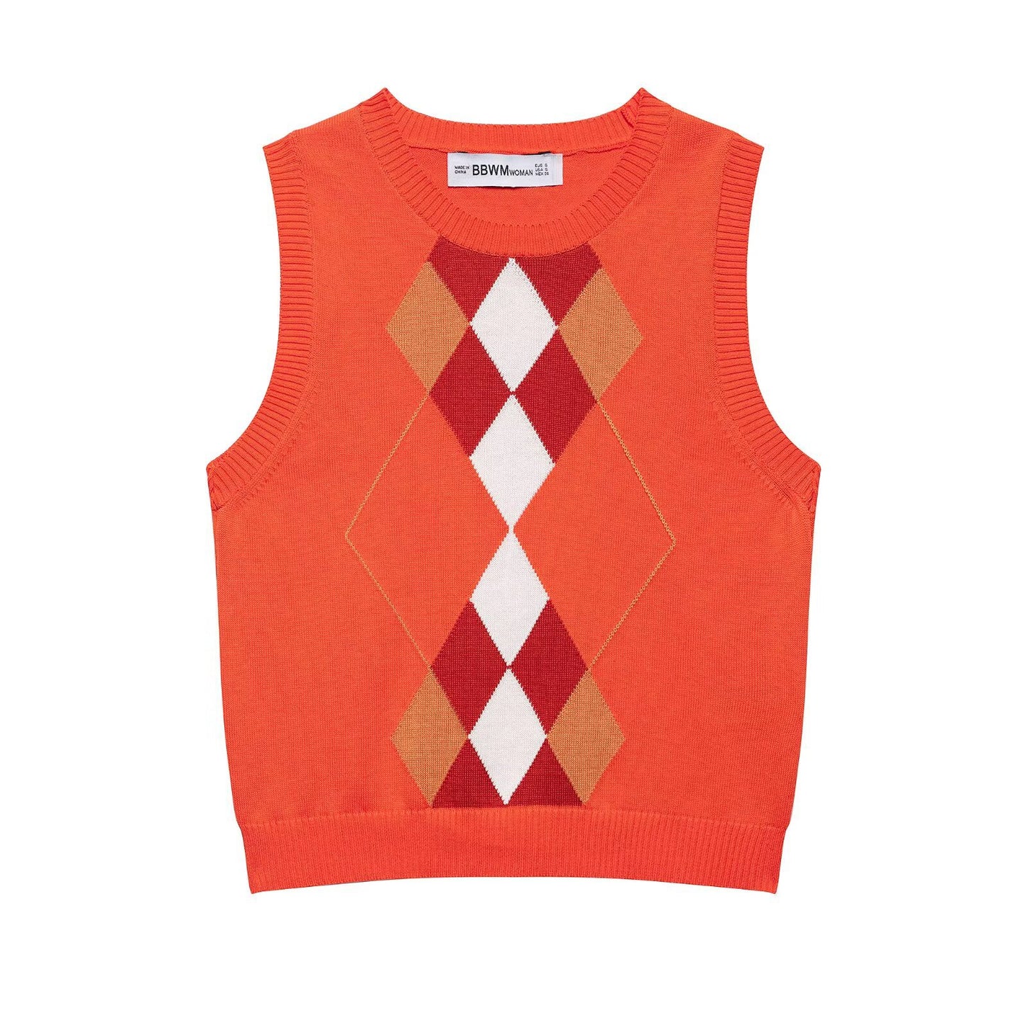 Coral Plaid Sleeveless Knitted Sweater Vest for Women