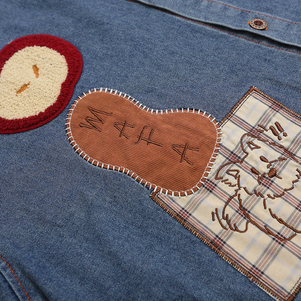 Playful Water-Washed Denim Shirt with Irregular Embroidery