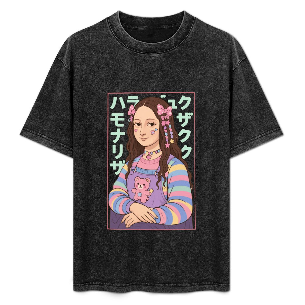 Harajuku Kawaii Mona Lisa Vintage Wash Off Shoulder Tee