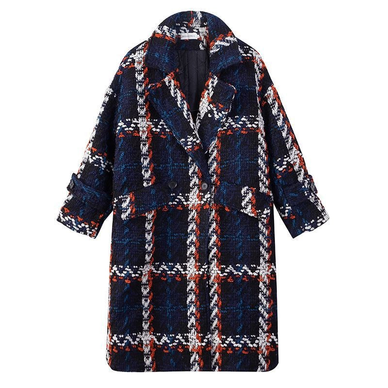 Mid-Length Plaid Woolen Overcoat for Women