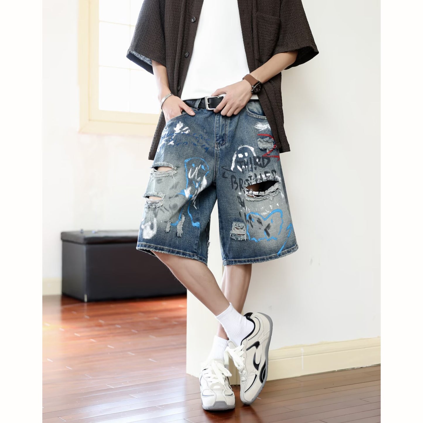 Harajuku Style Graffiti Printed Denim Cropped Pants