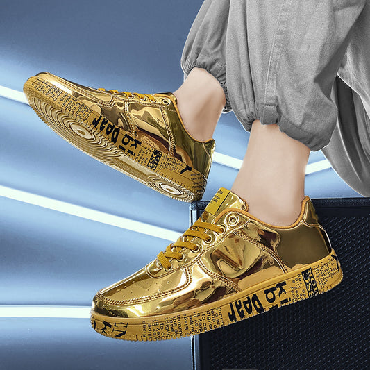 Men's Shiny Leather Panel Sneakers - Harajuku Style