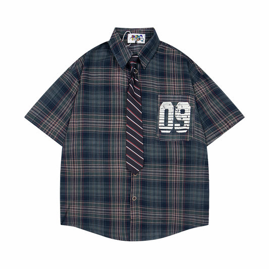 Retro College Plaid Shirt with Tie for Men & Women