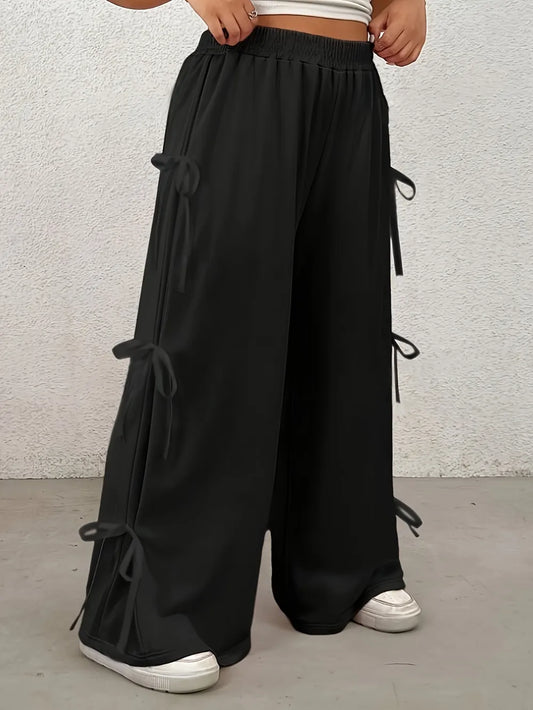 Plus Size Bow Elastic Waist Wide Leg Pants for Playful Style