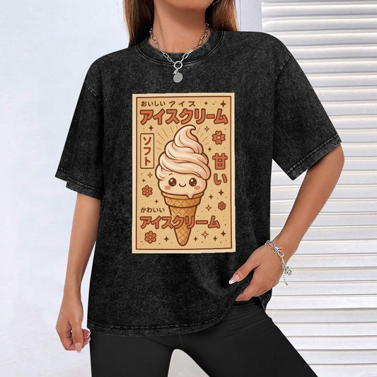 Kawaii Ice Cream Cone Vintage Wash Off Shoulder T-Shirt