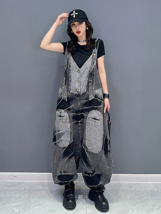 Playful Denim Patchwork V-Neck Jumpsuit for Women