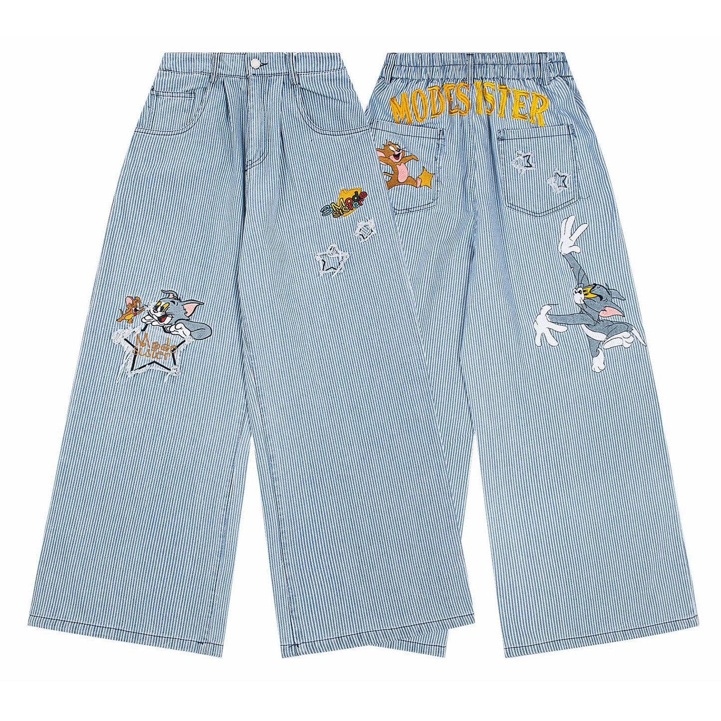 Playful Striped Embroidered Straight Leg Jeans