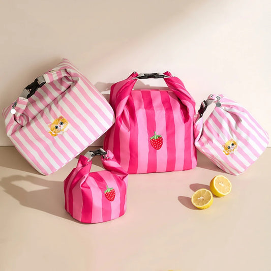 Pink Striped Strawberry Cat Insulated Lunch Bag