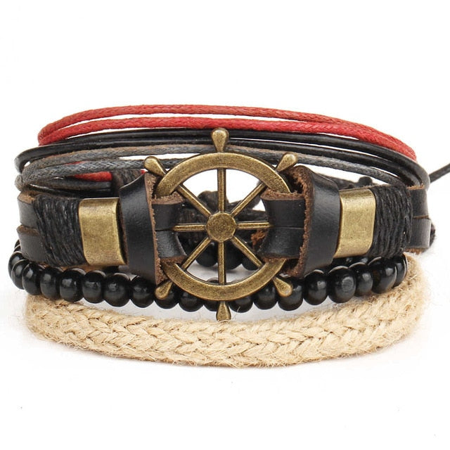 Punk Leather Lucky Spade Poker Charm Bracelet for Men