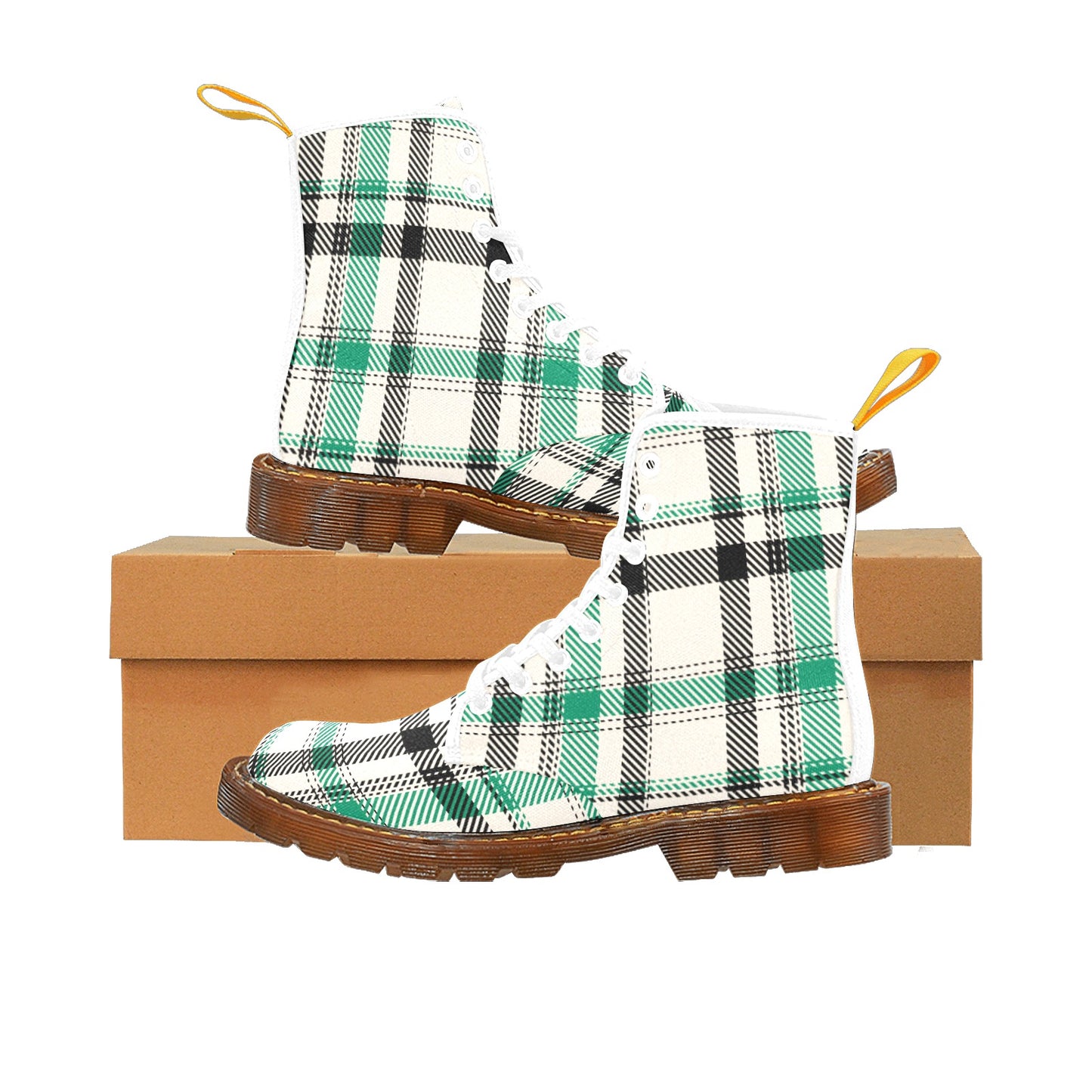 White Green Black Plaid Women's Lace Up Canvas Boots