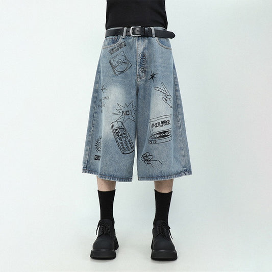Graffiti Printed Denim Loose Retro Cropped Pants