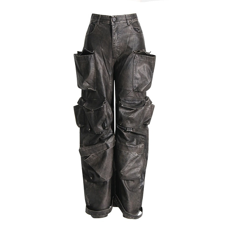 Harajuku Style High Waisted Patchwork Leather Pants