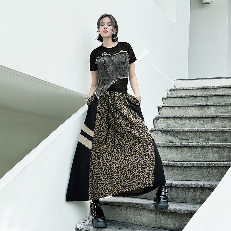 Retro Camo Leopard Print High Waisted Denim Skirt