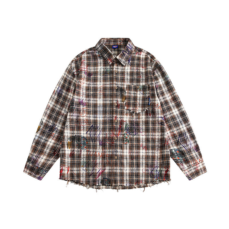 Harajuku Watercolor Graffiti Plaid Long Sleeved Shirt
