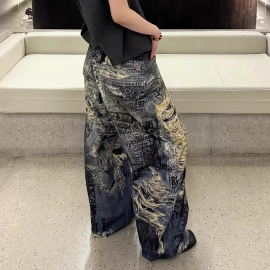 Graffiti Distressed 3D Denim Pants - Unique Harajuku Streetwear