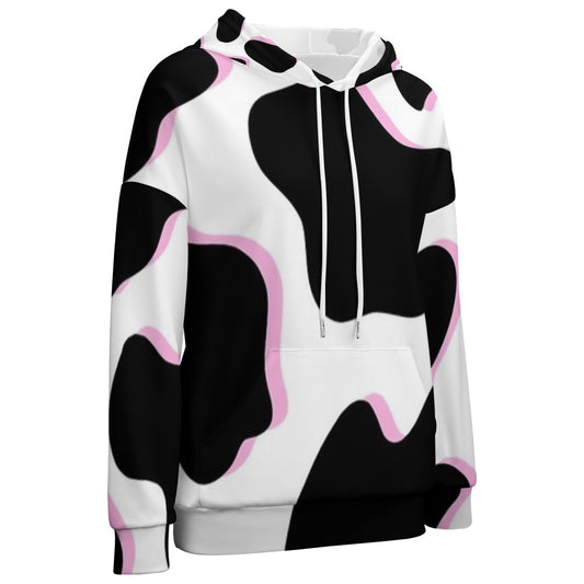 Black and Pink Cow Pattern Dropped Sleeve Hoodie