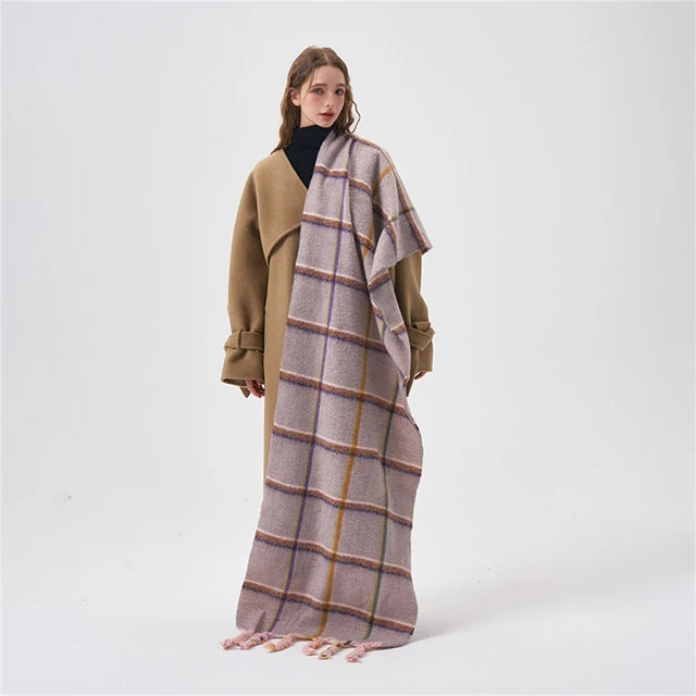 Dopamine Pink Plaid Knotted Tassel Scarf