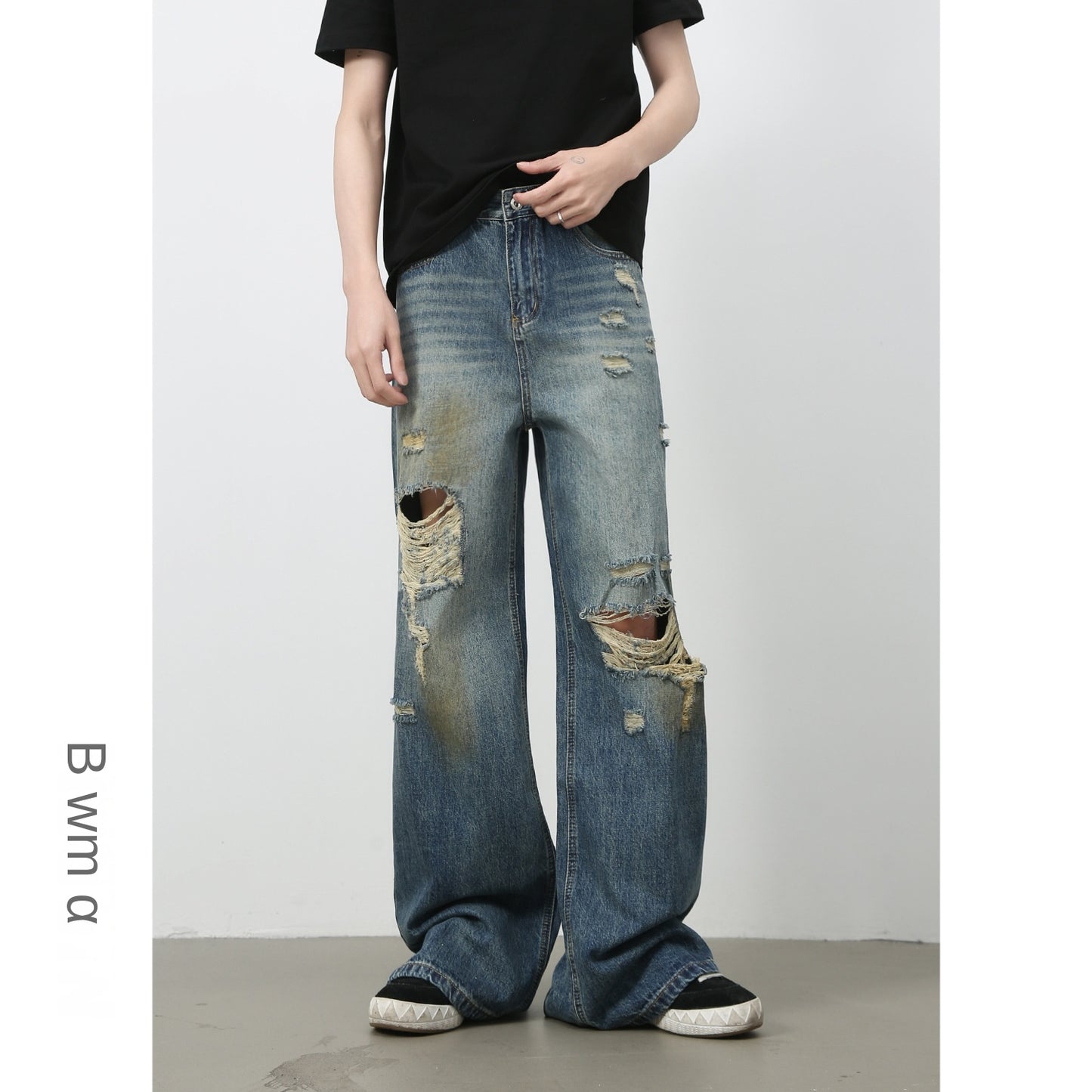 Harajuku Style Distressed Denim Wide-Leg Trousers for Men