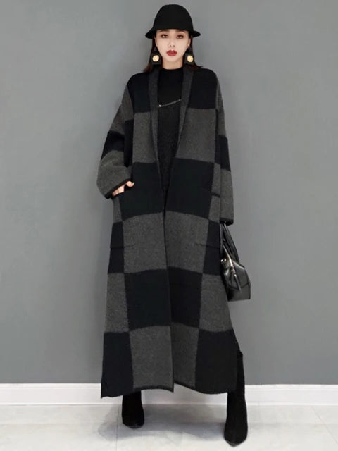 Vintage Plaid Knitting Trench Coat for Women
