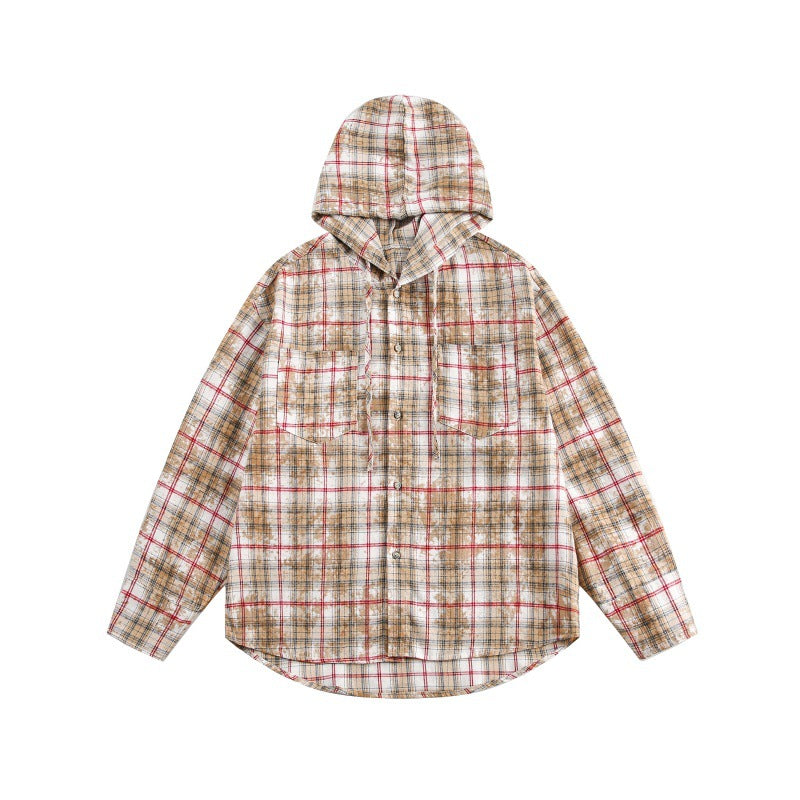 Unisex Loose Plaid Drawstring Hooded Shirt