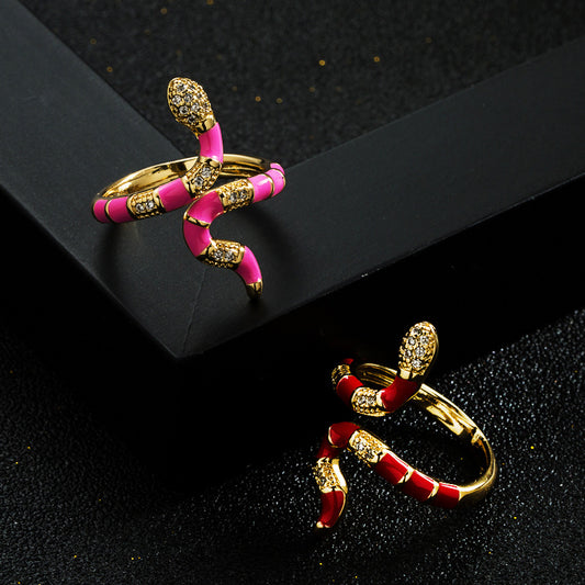 Harajuku Style Copper Gold Plated Zircon Drip Oil Snake Ring
