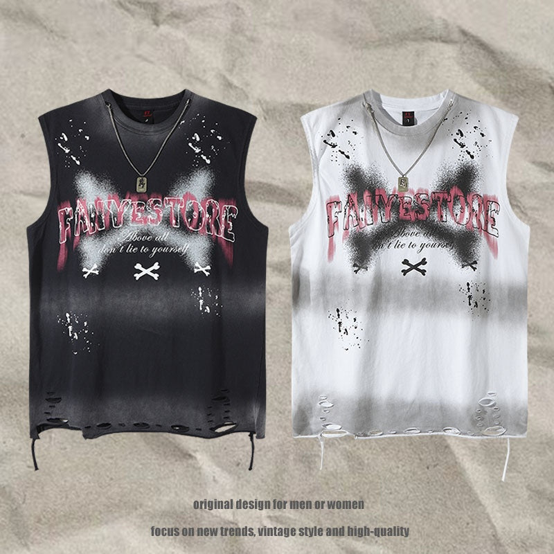 Tie-Dye Gradient Letter Sleeveless T-Shirt with Distressed Holes