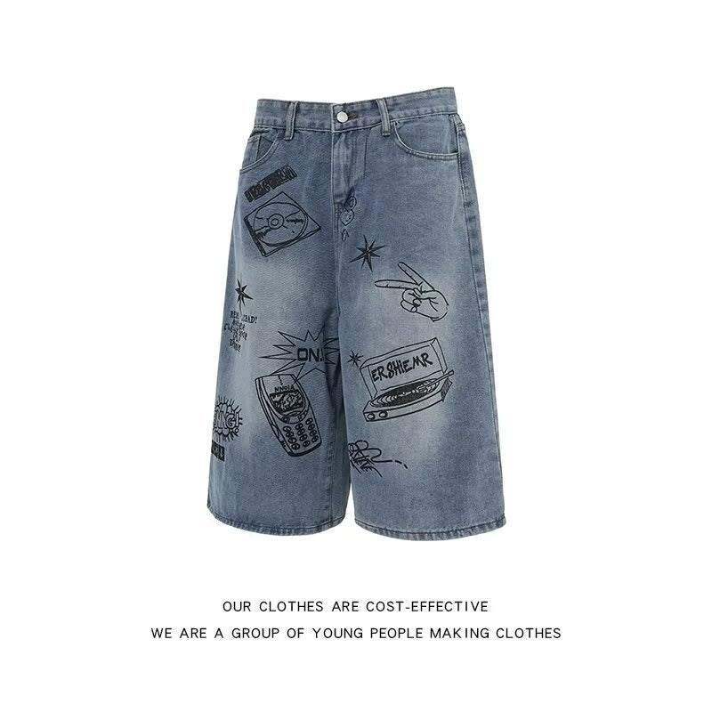 Graffiti Printed Denim Loose Retro Cropped Pants