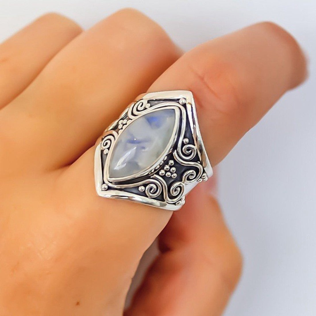 Vintage Silver Big Stone Ring - Bohemian Style Jewelry