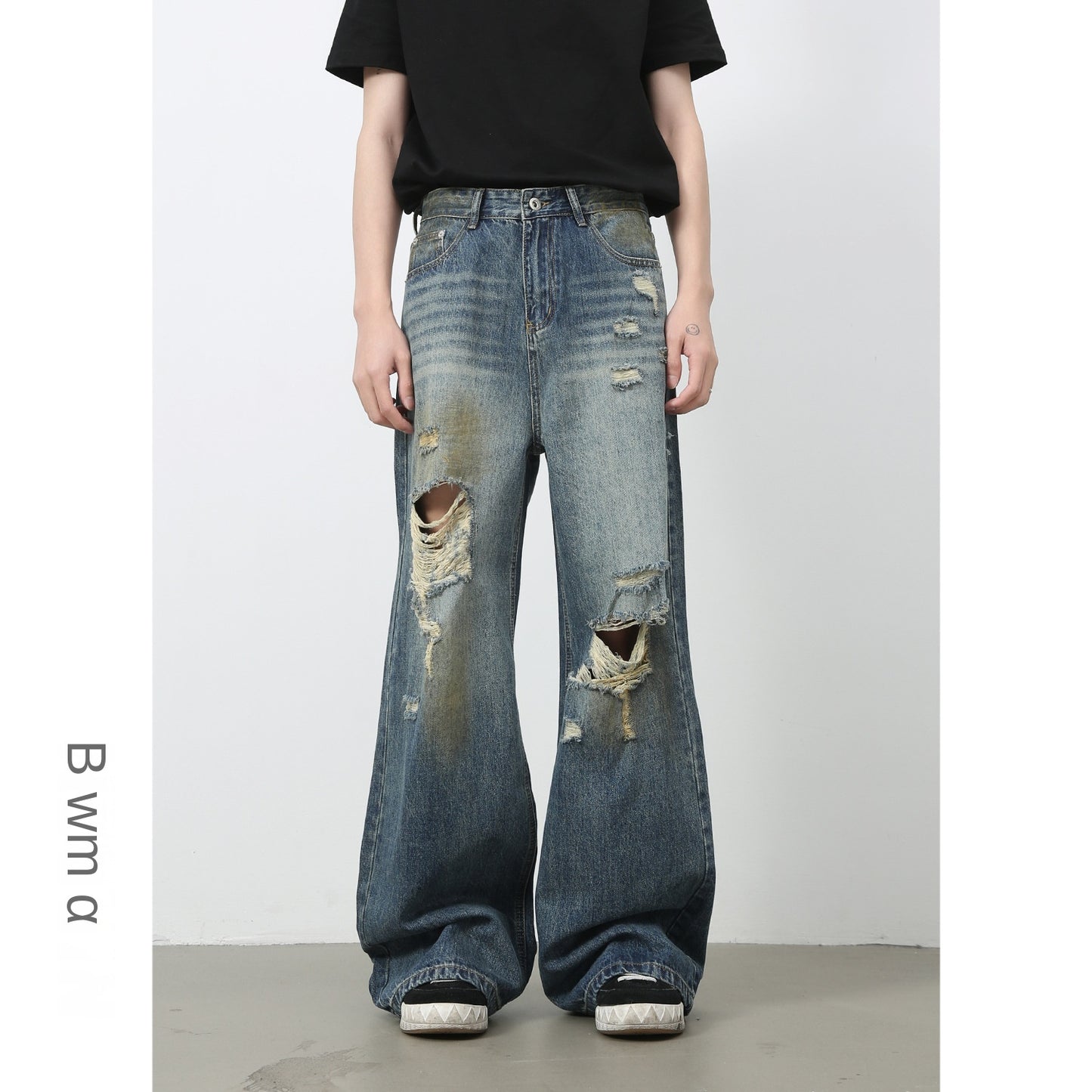 Harajuku Style Distressed Denim Wide-Leg Trousers for Men