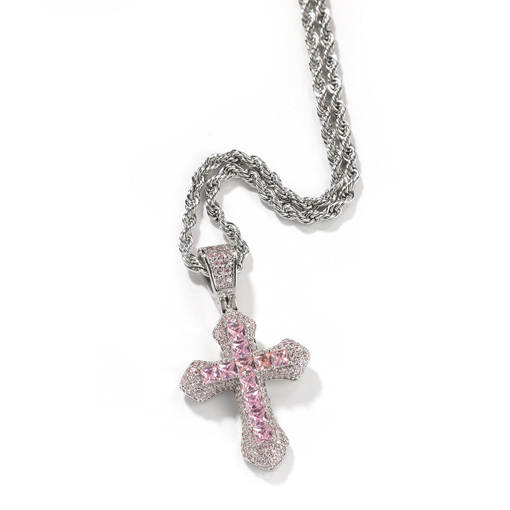 Hip Hop Blue Zircon Cross Necklace - Harajuku Style