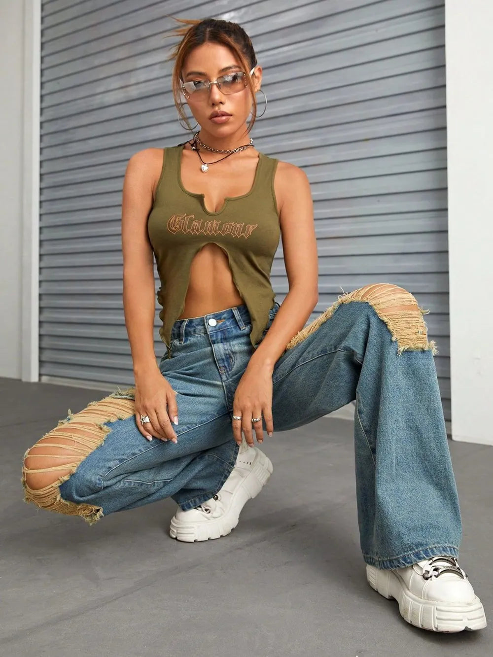 Distressed Wide Leg Jeans with Pockets - Harajuku Style