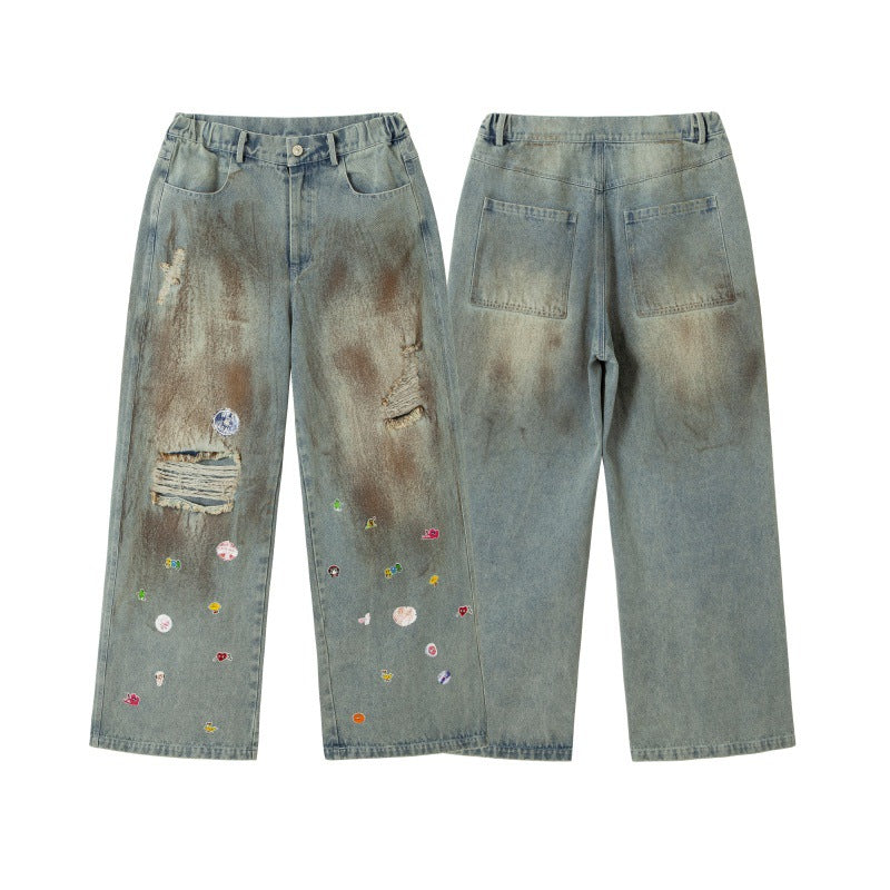 Vintage Distressed Splashed Ink Ripped Jeans