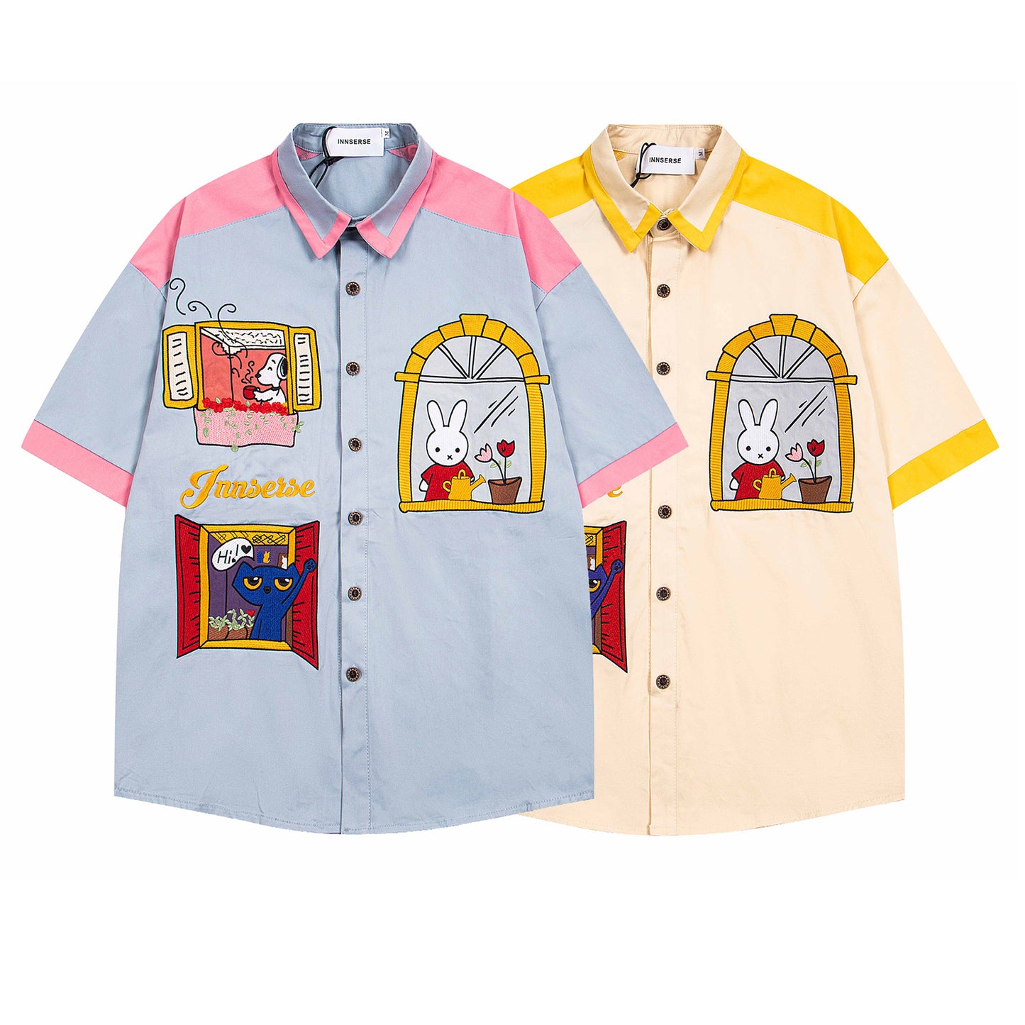 Retro Cartoon Embroidery Short Sleeve Shirt - Harajuku Style